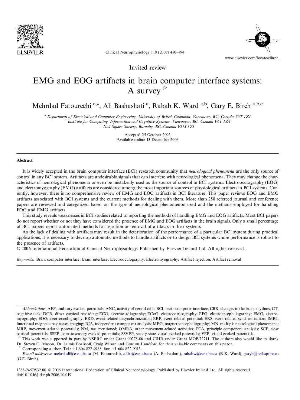 EMG and EOG artifacts in brain computer interface systems: A survey 