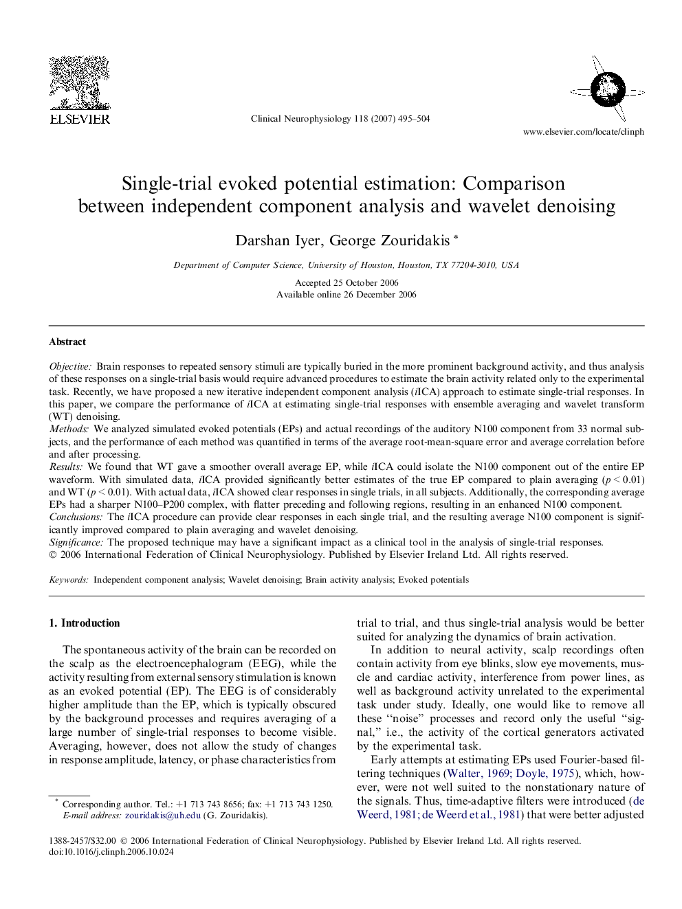 Single-trial evoked potential estimation: Comparison between independent component analysis and wavelet denoising