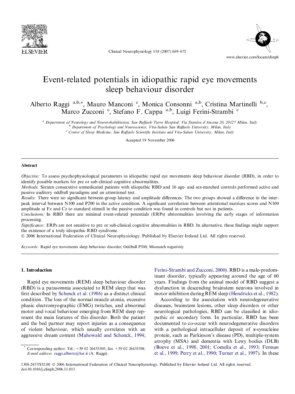 Event-related potentials in idiopathic rapid eye movements sleep behaviour disorder