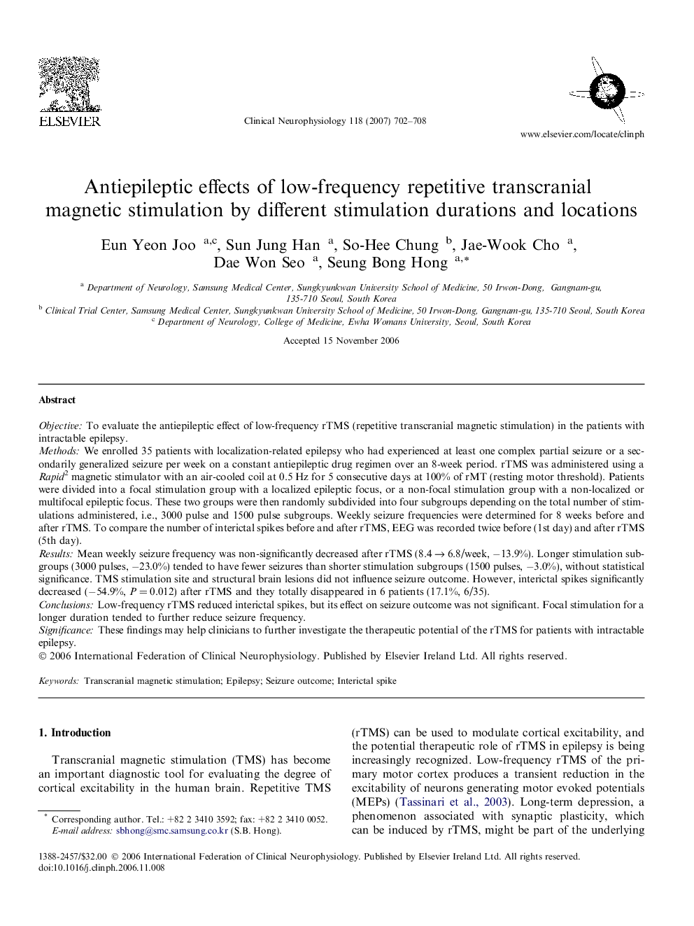 Antiepileptic effects of low-frequency repetitive transcranial magnetic stimulation by different stimulation durations and locations