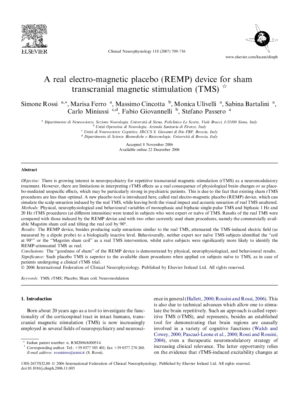 A real electro-magnetic placebo (REMP) device for sham transcranial magnetic stimulation (TMS) 