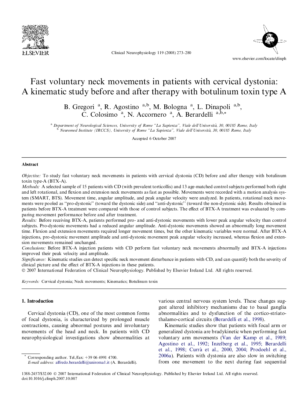 Fast voluntary neck movements in patients with cervical dystonia: A kinematic study before and after therapy with botulinum toxin type A