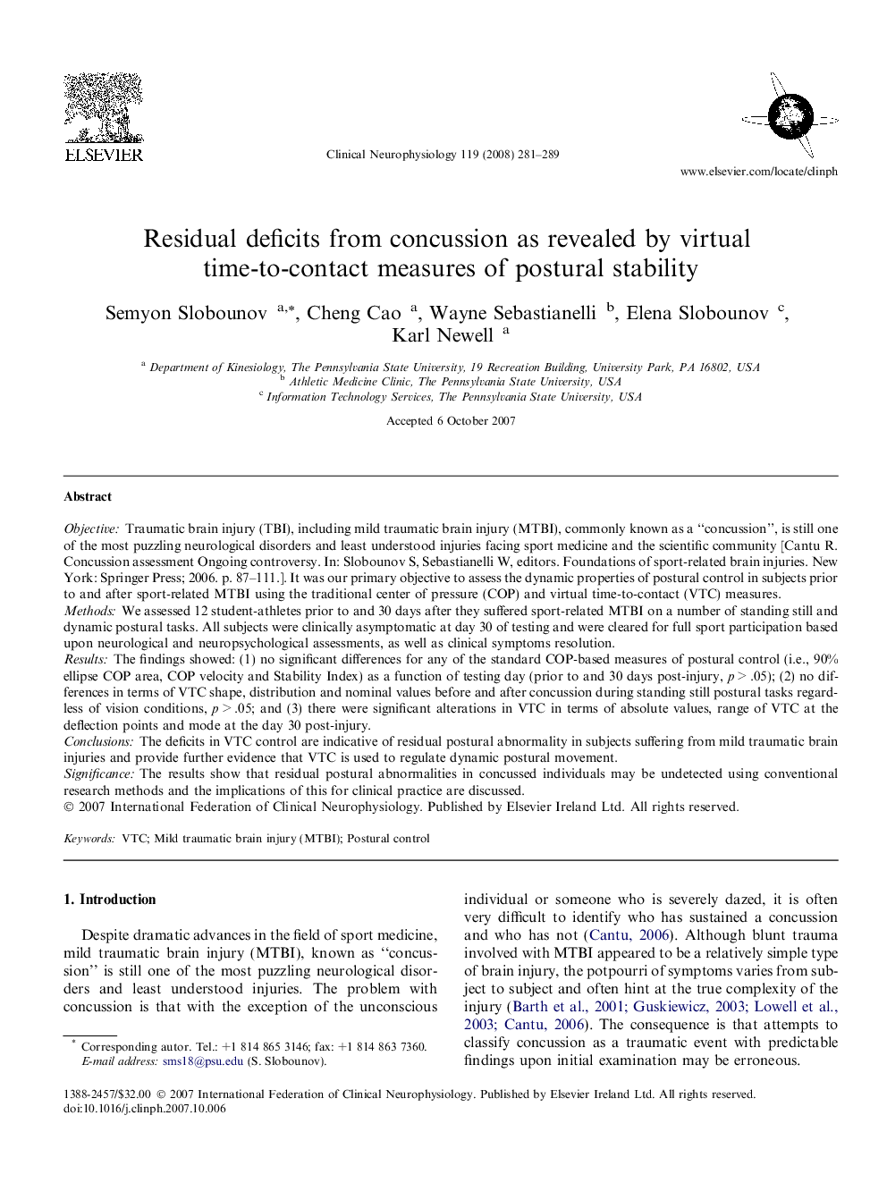 Residual deficits from concussion as revealed by virtual time-to-contact measures of postural stability