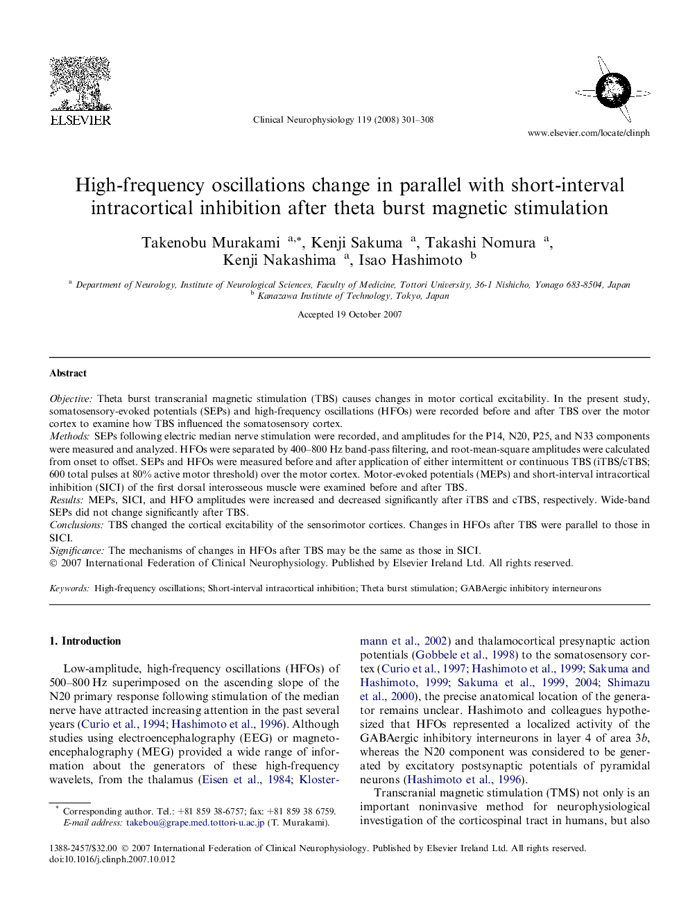 High-frequency oscillations change in parallel with short-interval intracortical inhibition after theta burst magnetic stimulation