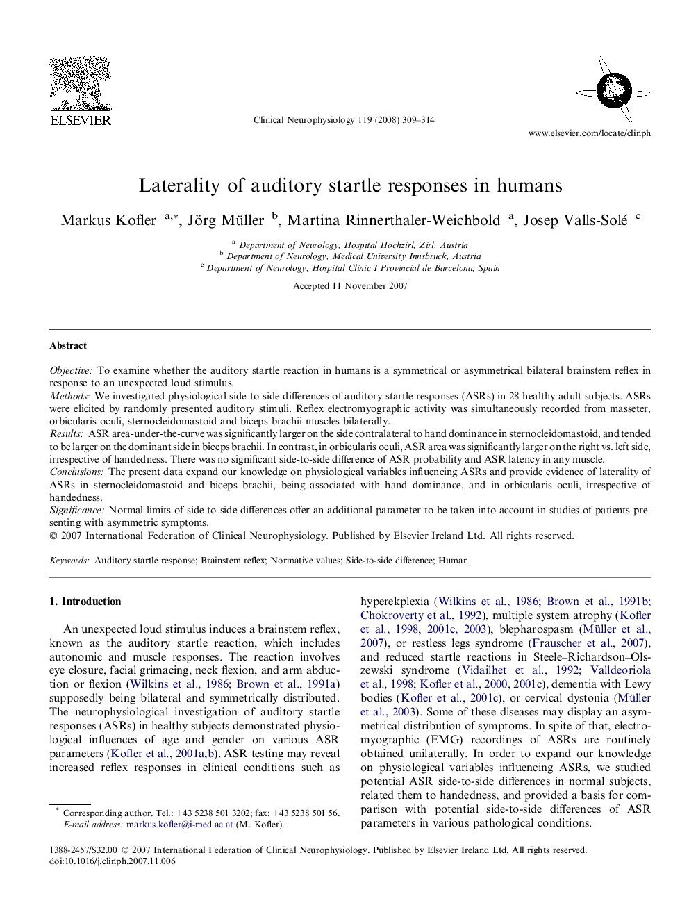 Laterality of auditory startle responses in humans