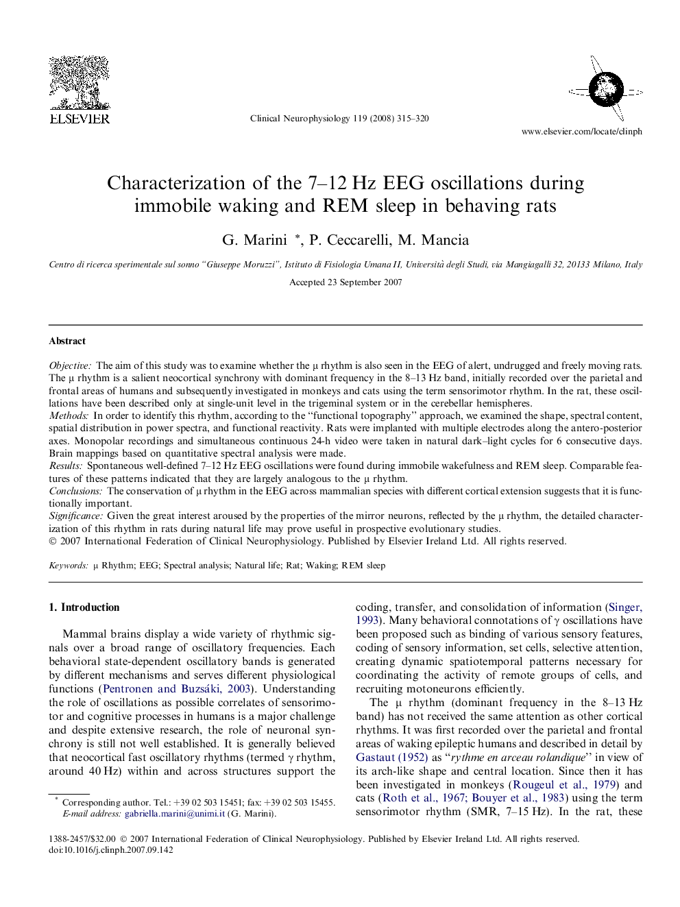 Characterization of the 7–12 Hz EEG oscillations during immobile waking and REM sleep in behaving rats