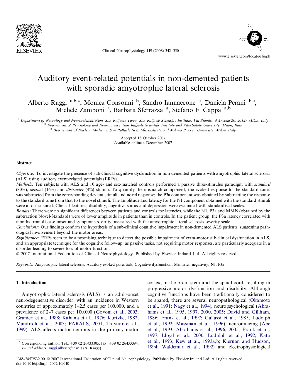 Auditory event-related potentials in non-demented patients with sporadic amyotrophic lateral sclerosis