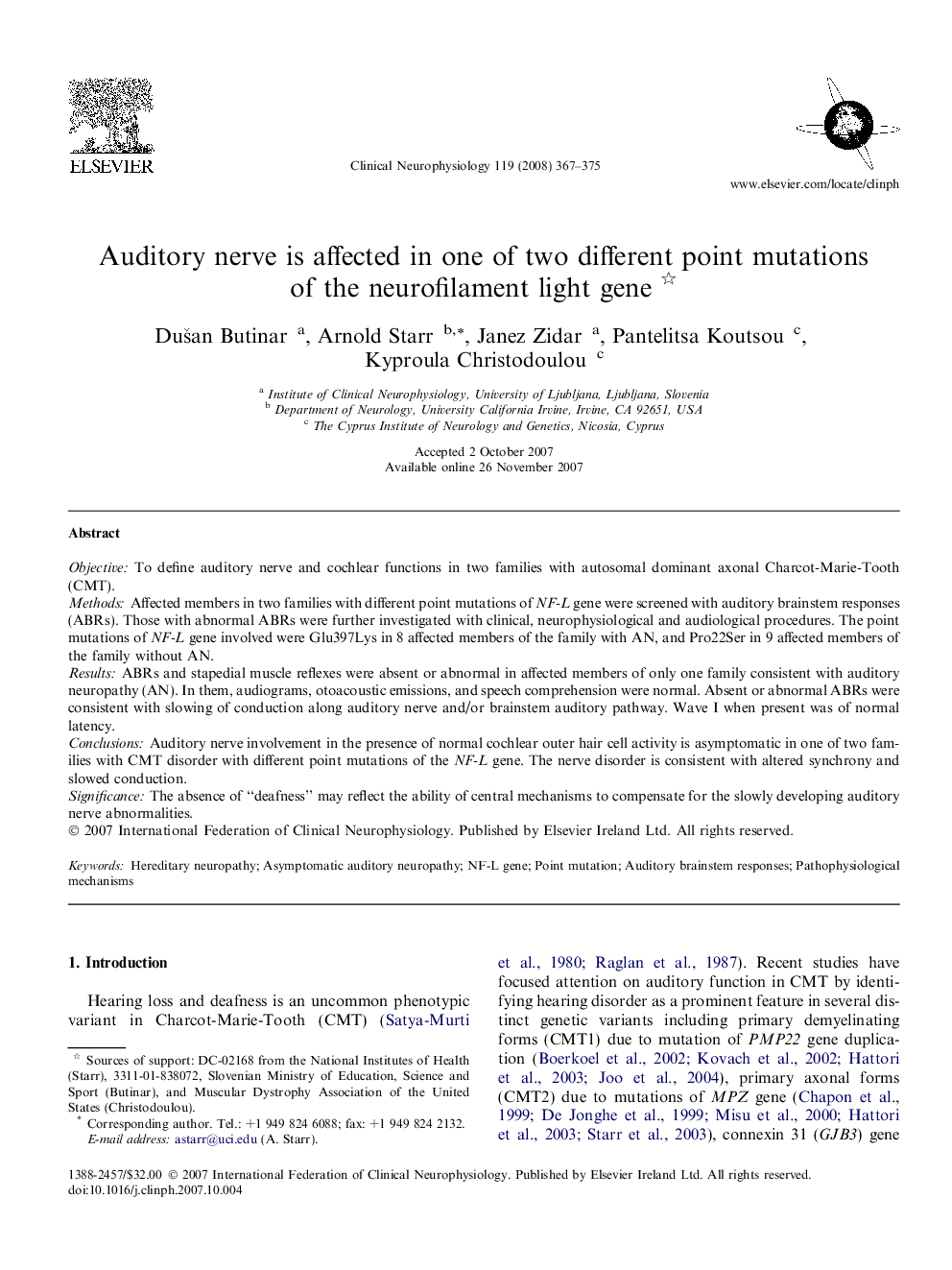 Auditory nerve is affected in one of two different point mutations of the neurofilament light gene