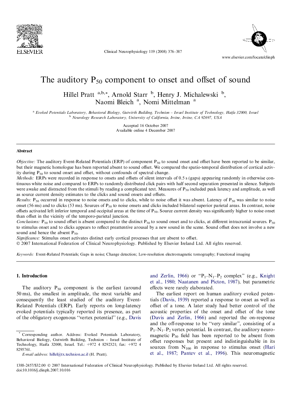 The auditory P50 component to onset and offset of sound