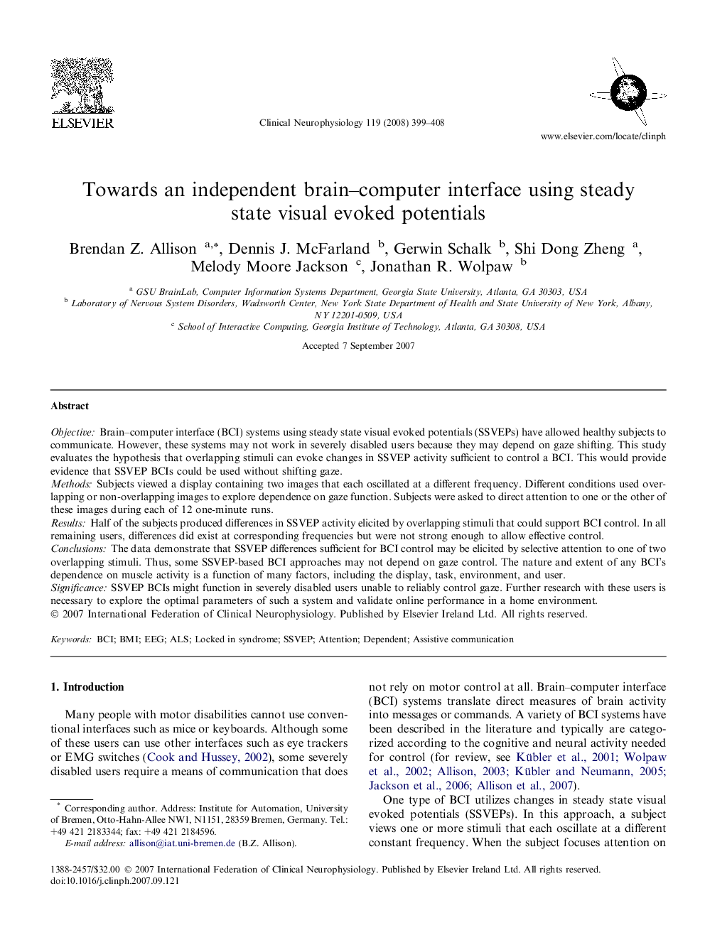 Towards an independent brain–computer interface using steady state visual evoked potentials