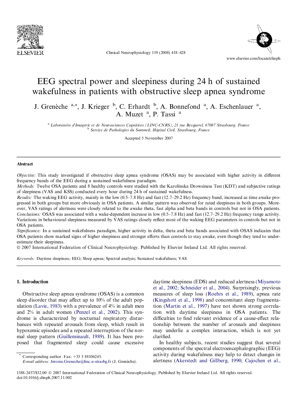 EEG spectral power and sleepiness during 24 h of sustained wakefulness in patients with obstructive sleep apnea syndrome