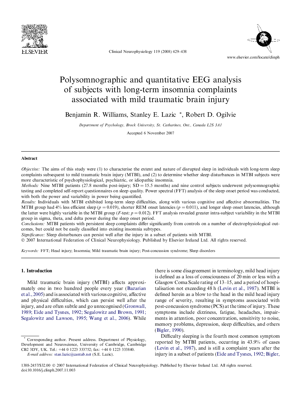 Polysomnographic and quantitative EEG analysis of subjects with long-term insomnia complaints associated with mild traumatic brain injury