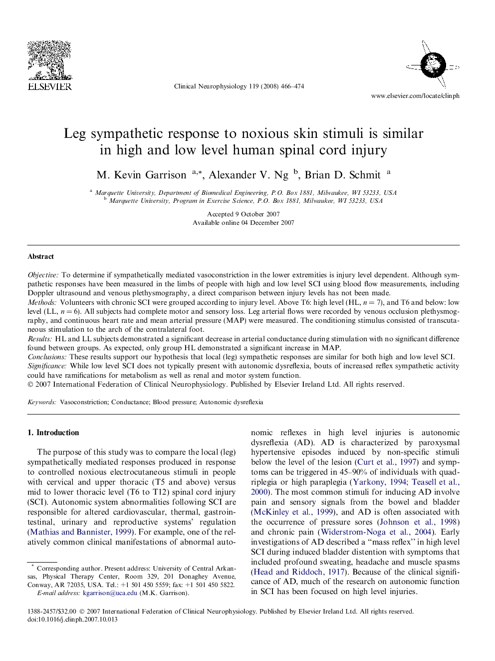 Leg sympathetic response to noxious skin stimuli is similar in high and low level human spinal cord injury