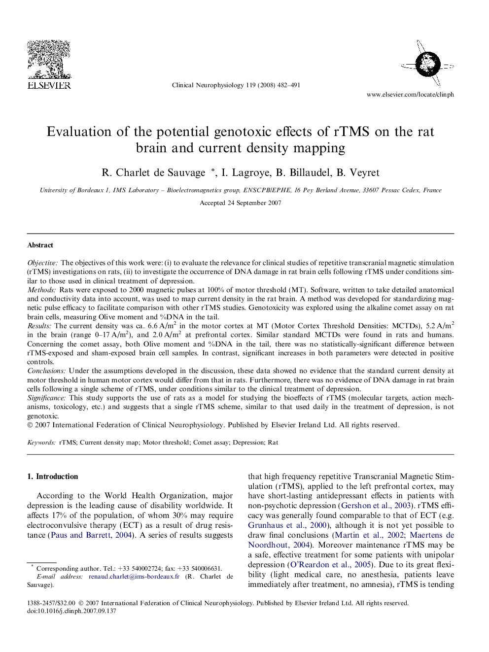 Evaluation of the potential genotoxic effects of rTMS on the rat brain and current density mapping