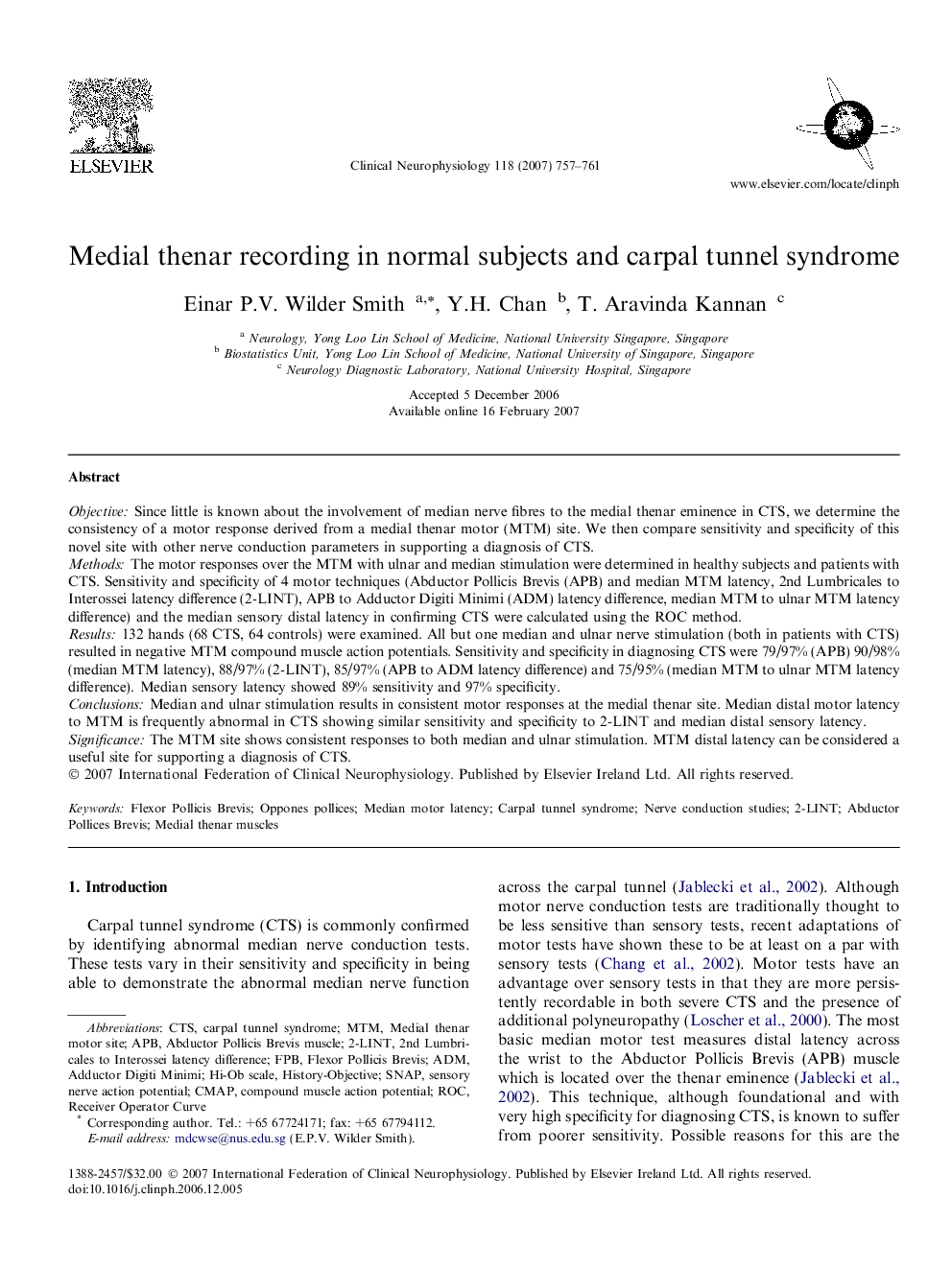 Medial thenar recording in normal subjects and carpal tunnel syndrome