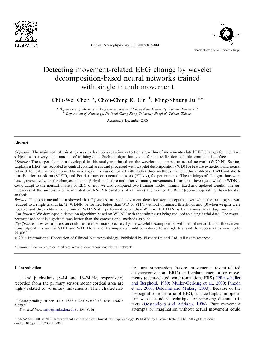 Detecting movement-related EEG change by wavelet decomposition-based neural networks trained with single thumb movement