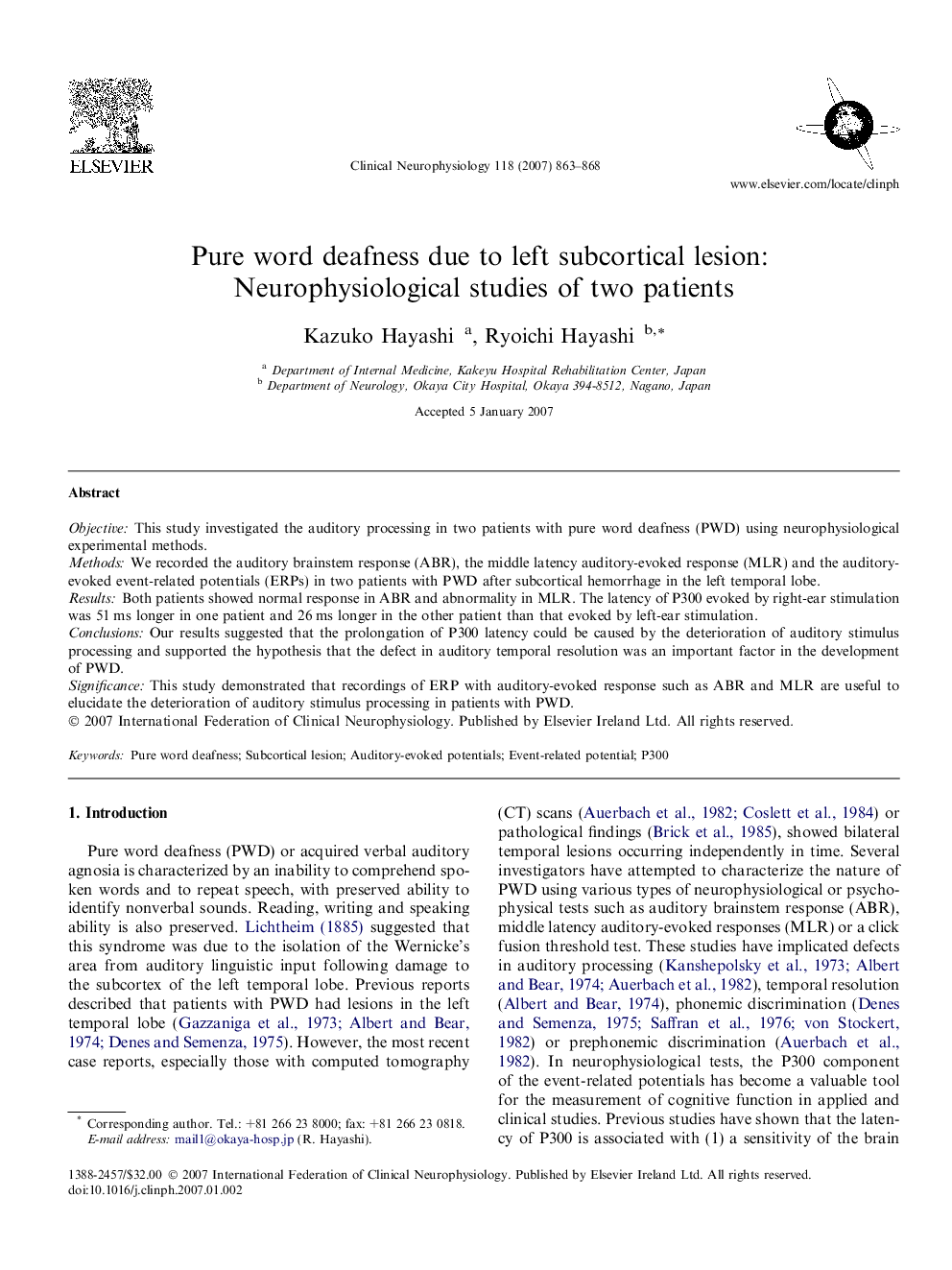 Pure word deafness due to left subcortical lesion: Neurophysiological studies of two patients