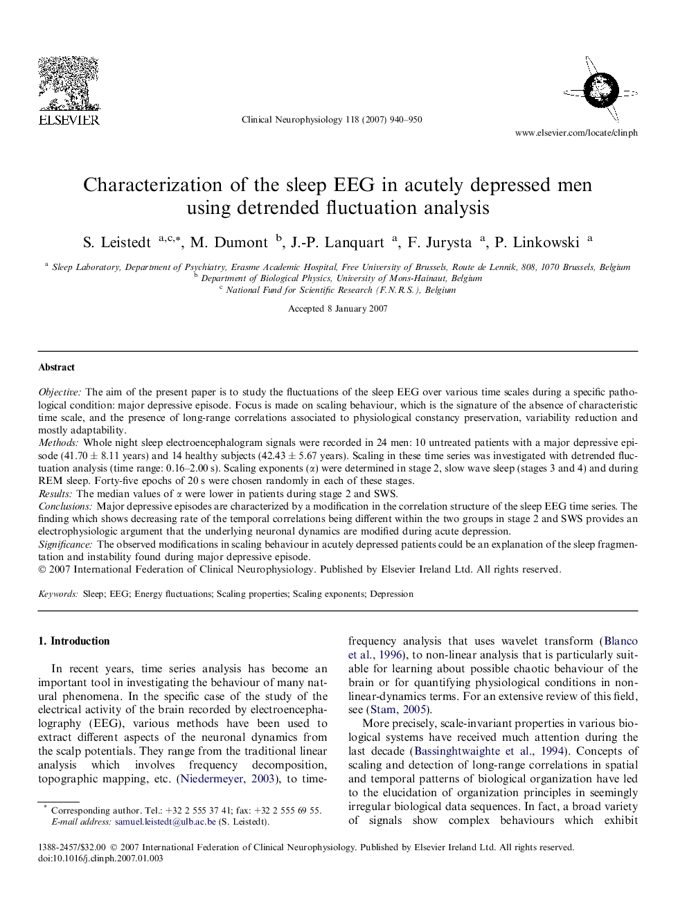 Characterization of the sleep EEG in acutely depressed men using detrended fluctuation analysis