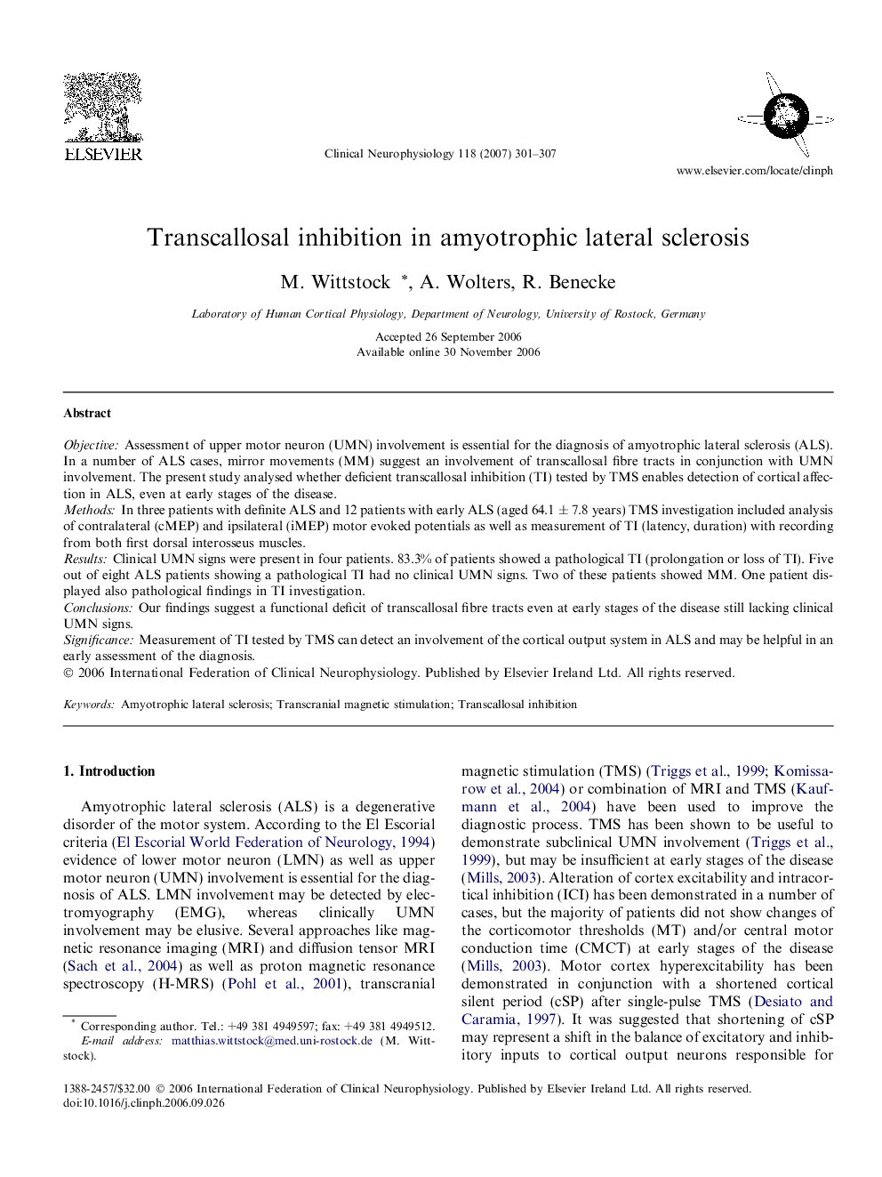 Transcallosal inhibition in amyotrophic lateral sclerosis