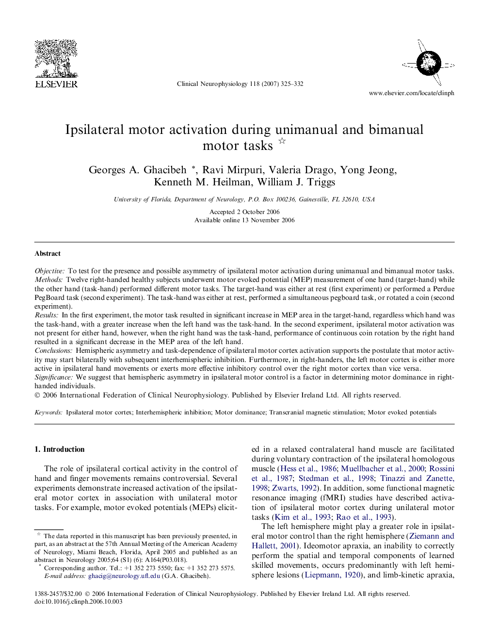 Ipsilateral motor activation during unimanual and bimanual motor tasks 