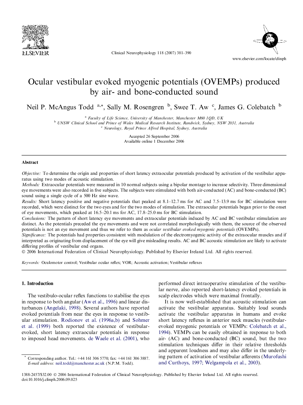 Ocular vestibular evoked myogenic potentials (OVEMPs) produced by air- and bone-conducted sound