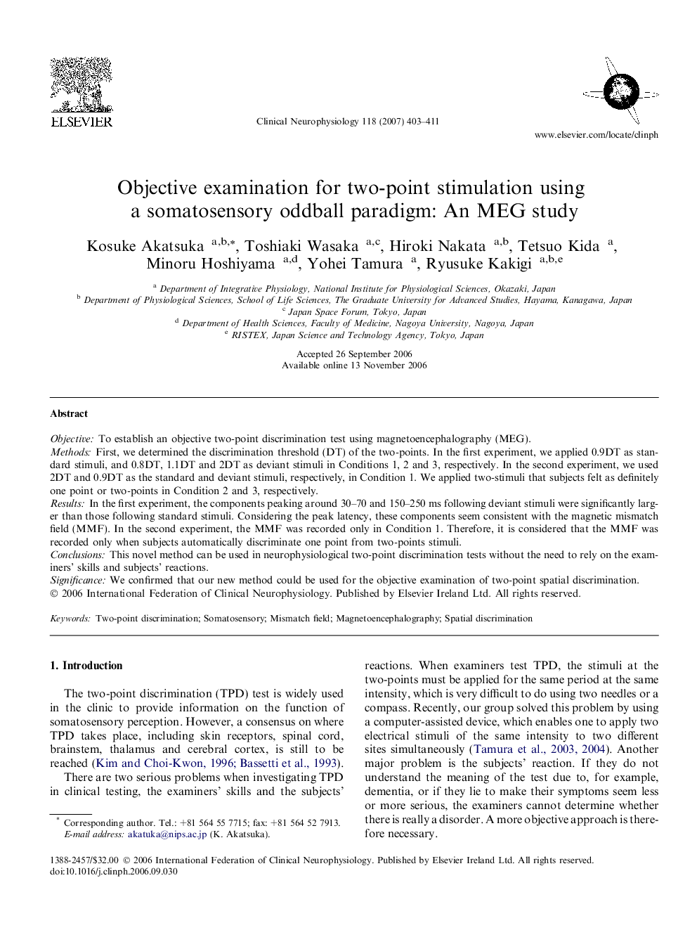 Objective examination for two-point stimulation using a somatosensory oddball paradigm: An MEG study