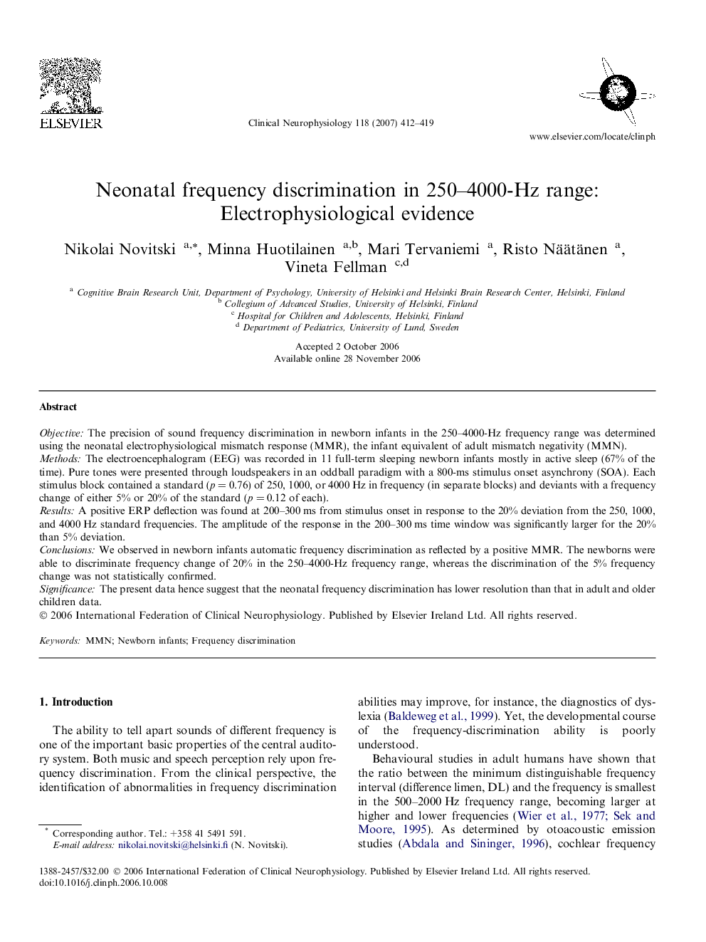 Neonatal frequency discrimination in 250–4000-Hz range: Electrophysiological evidence