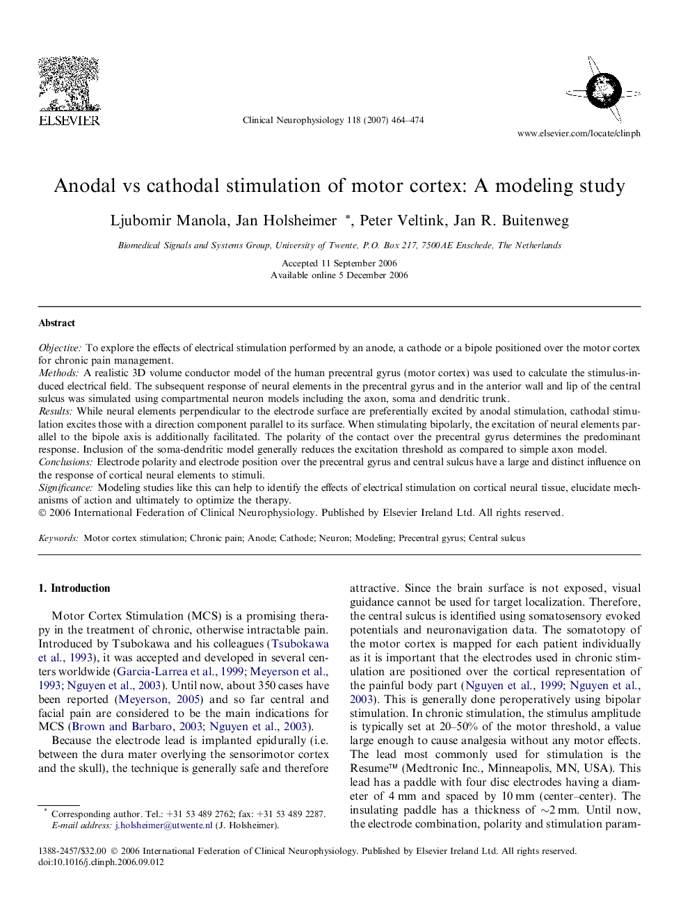 Anodal vs cathodal stimulation of motor cortex: A modeling study