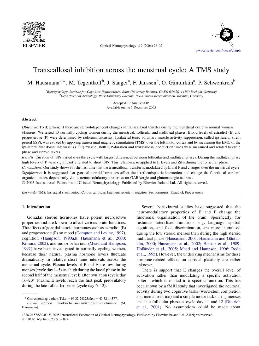 Transcallosal inhibition across the menstrual cycle: A TMS study