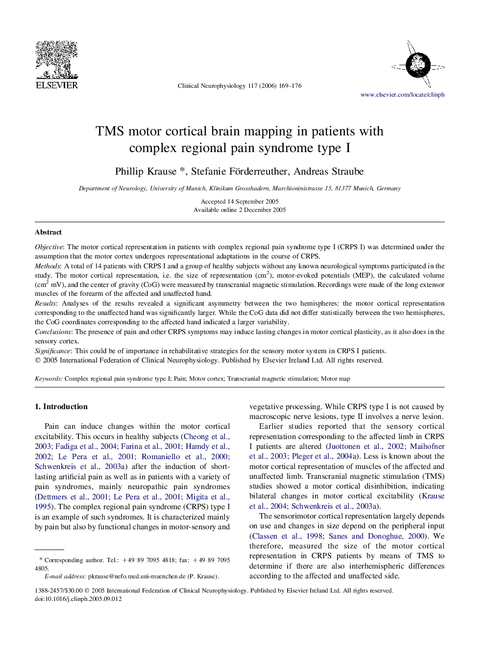 TMS motor cortical brain mapping in patients with complex regional pain syndrome type I