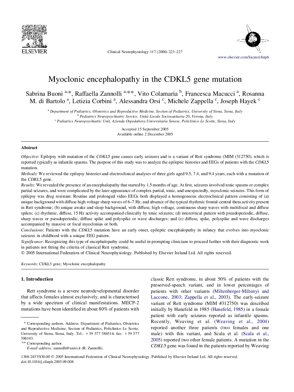 Myoclonic encephalopathy in the CDKL5 gene mutation