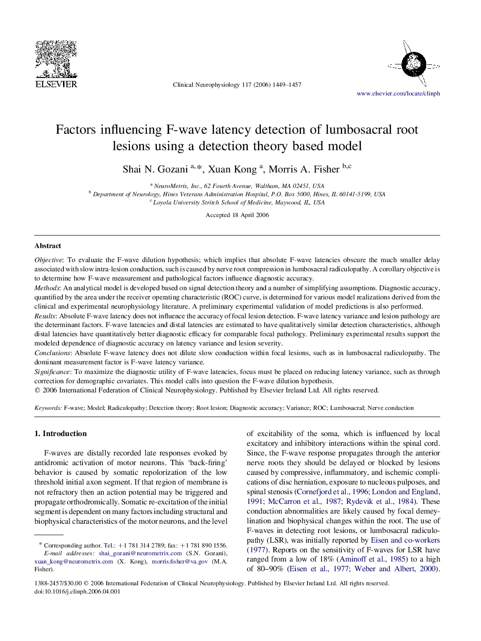 Factors influencing F-wave latency detection of lumbosacral root lesions using a detection theory based model