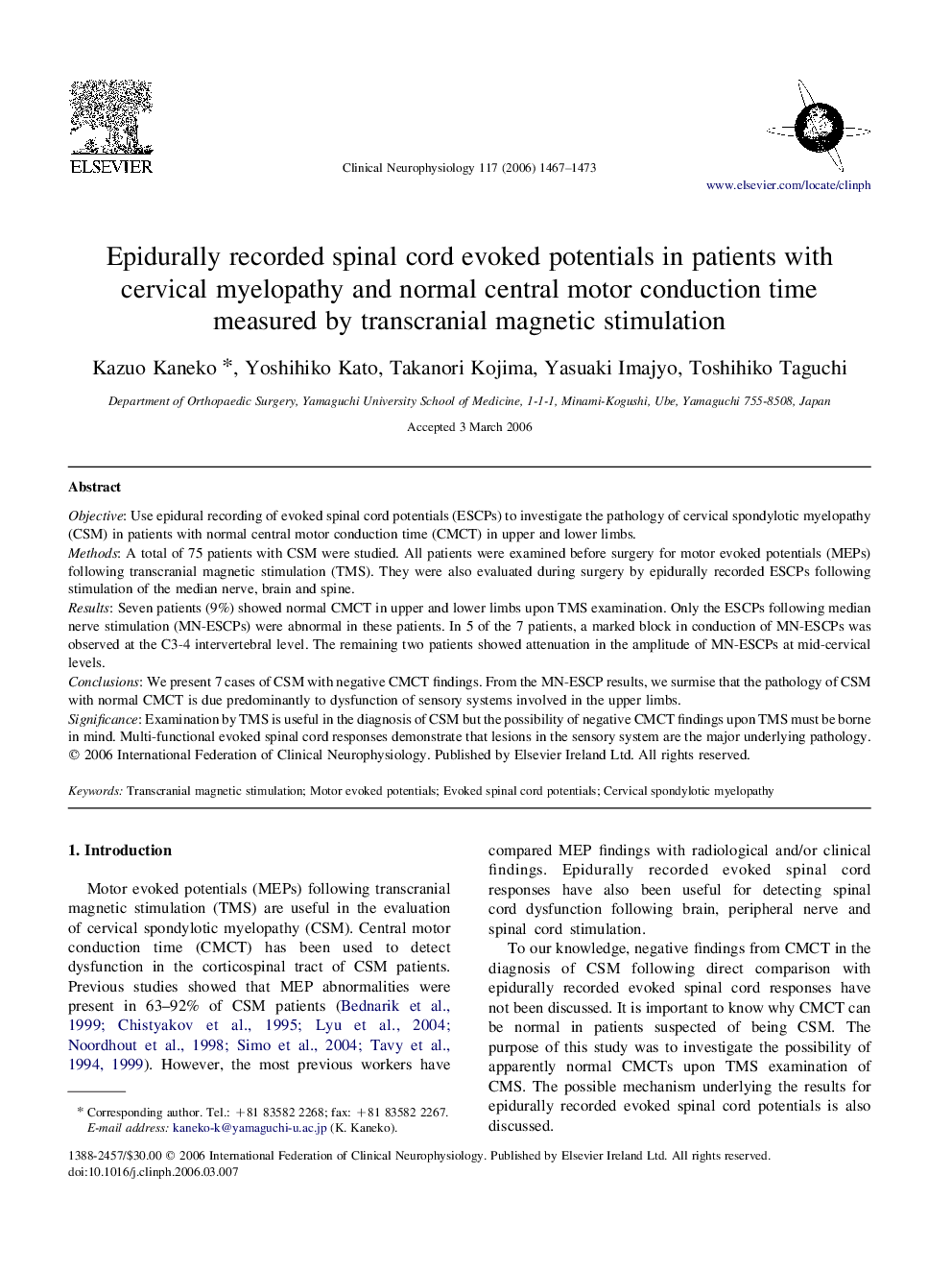 Epidurally recorded spinal cord evoked potentials in patients with cervical myelopathy and normal central motor conduction time measured by transcranial magnetic stimulation