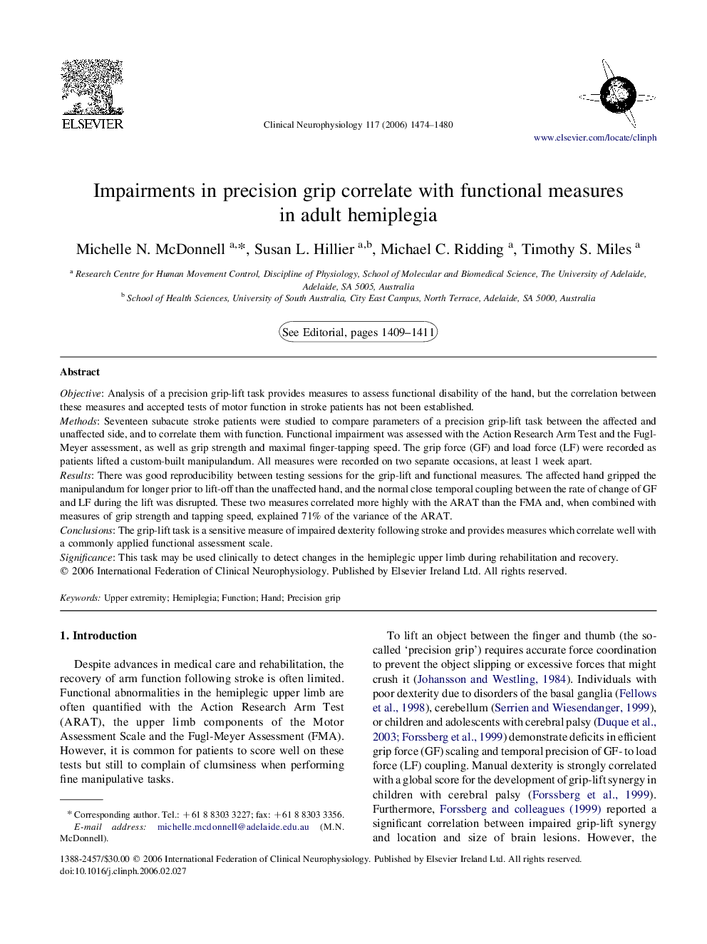 Impairments in precision grip correlate with functional measures in adult hemiplegia