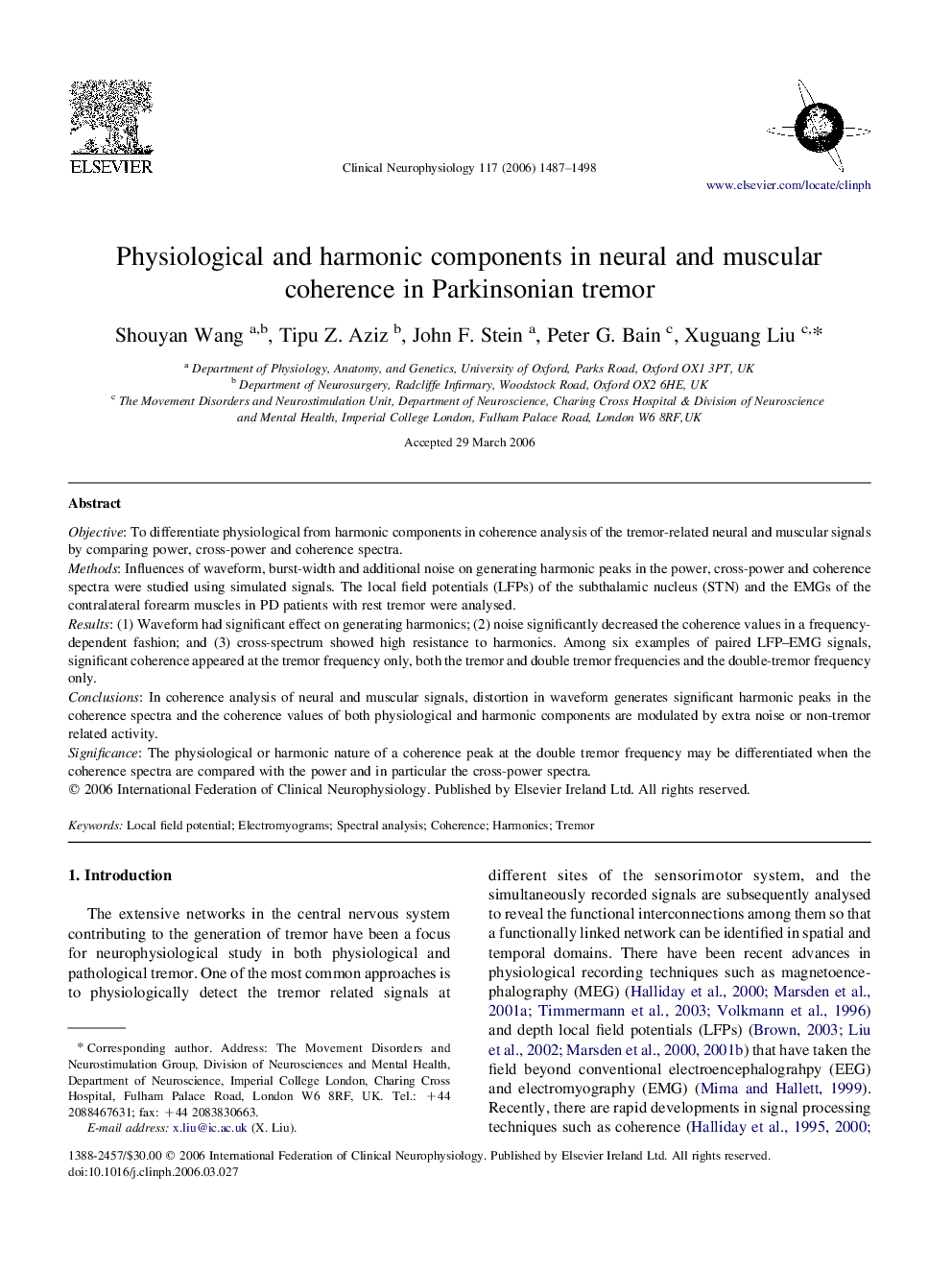 Physiological and harmonic components in neural and muscular coherence in Parkinsonian tremor