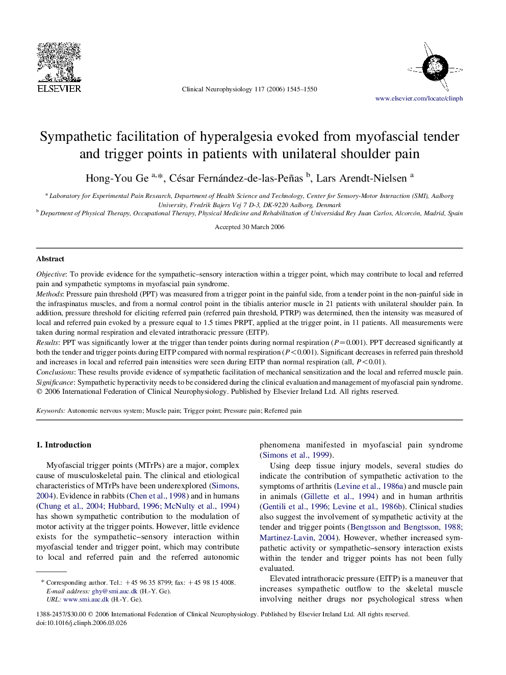 Sympathetic facilitation of hyperalgesia evoked from myofascial tender and trigger points in patients with unilateral shoulder pain