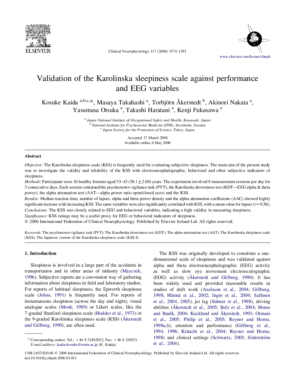 Validation of the Karolinska sleepiness scale against performance and EEG variables