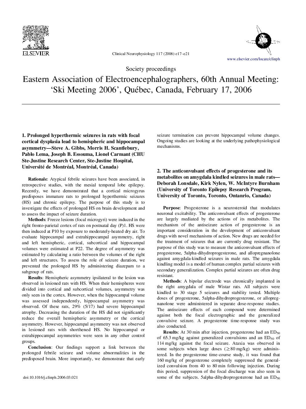 Society Proceedings Eastern Association of Electroencephalographers 60th Annual Meeting: 'Ski Meeting 2006' Quebec, Canada, February 17, 2006 Society Proceedings