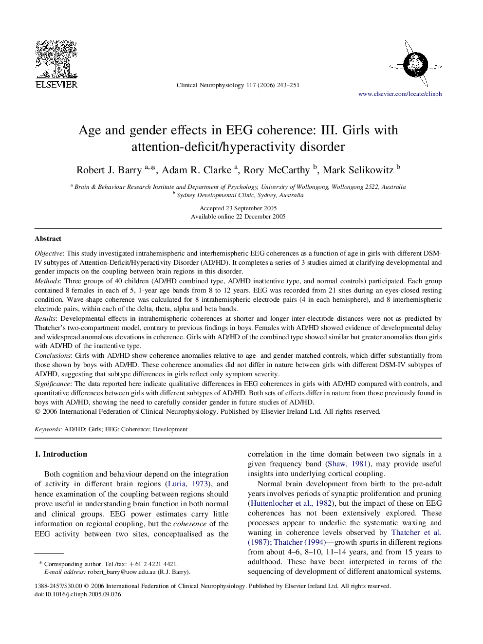 Age and gender effects in EEG coherence: III. Girls with attention-deficit/hyperactivity disorder