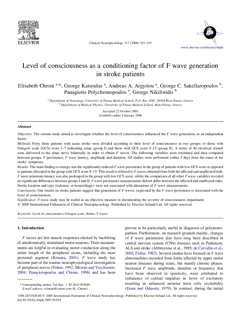 Level of consciousness as a conditioning factor of F wave generation in stroke patients