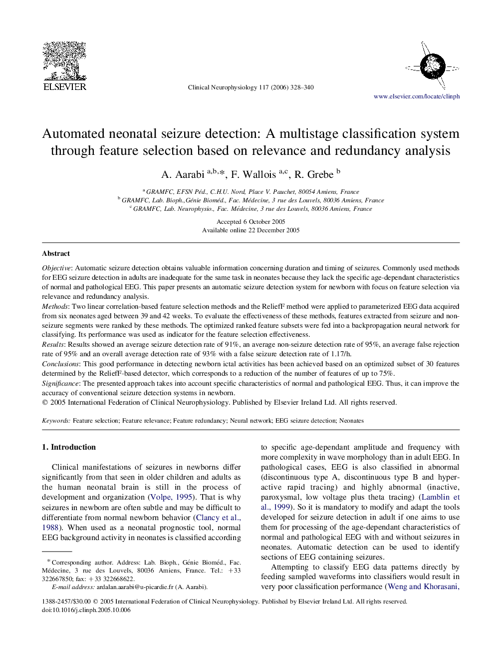 Automated neonatal seizure detection: A multistage classification system through feature selection based on relevance and redundancy analysis