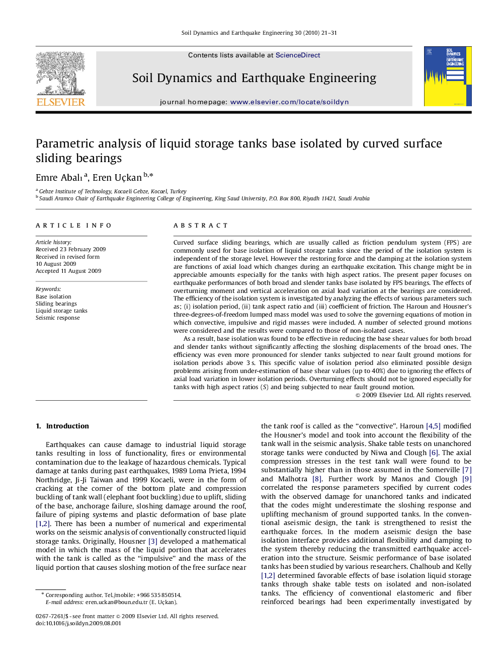 Parametric analysis of liquid storage tanks base isolated by curved surface sliding bearings