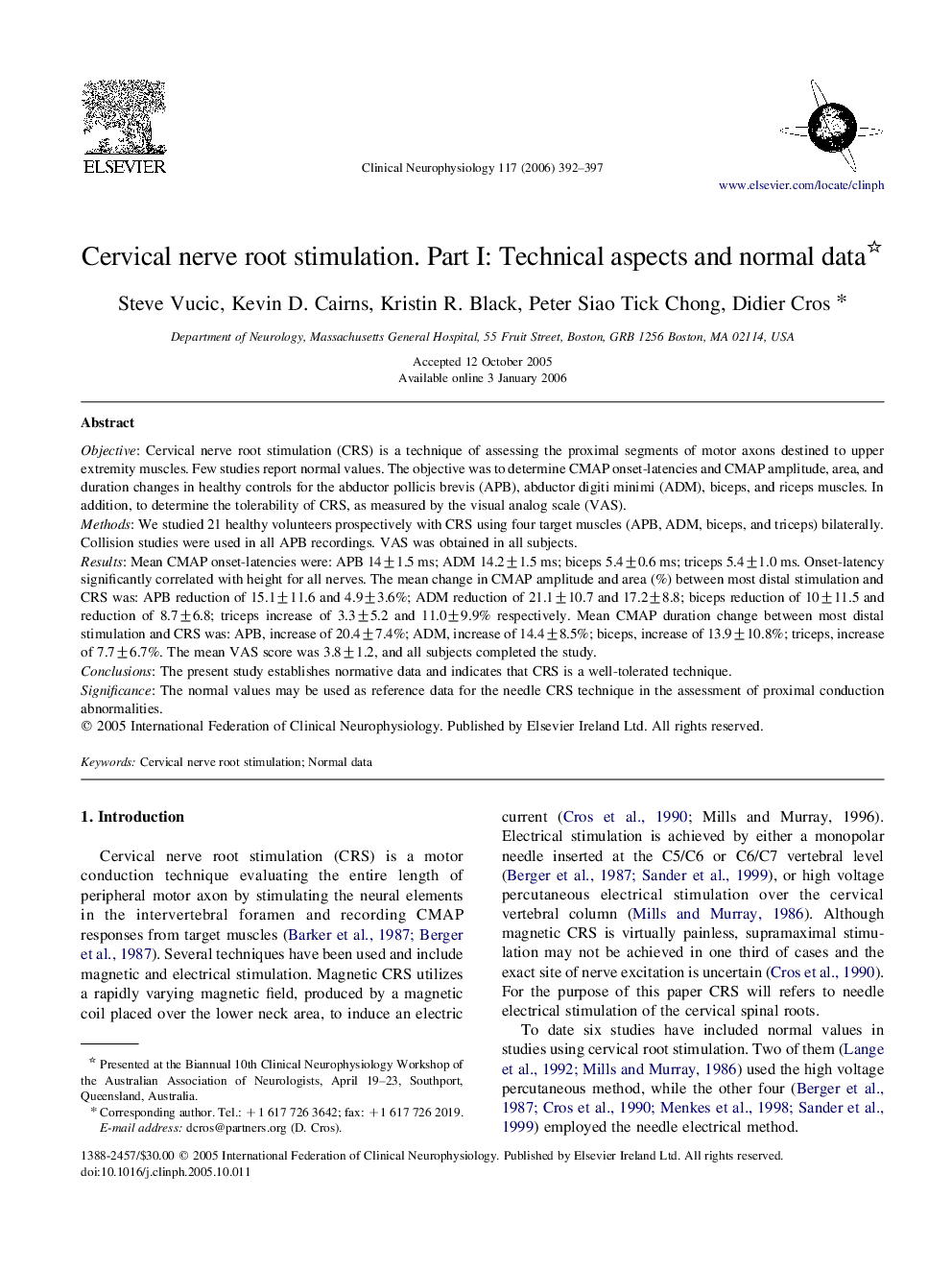 Cervical nerve root stimulation. Part I: Technical aspects and normal data 