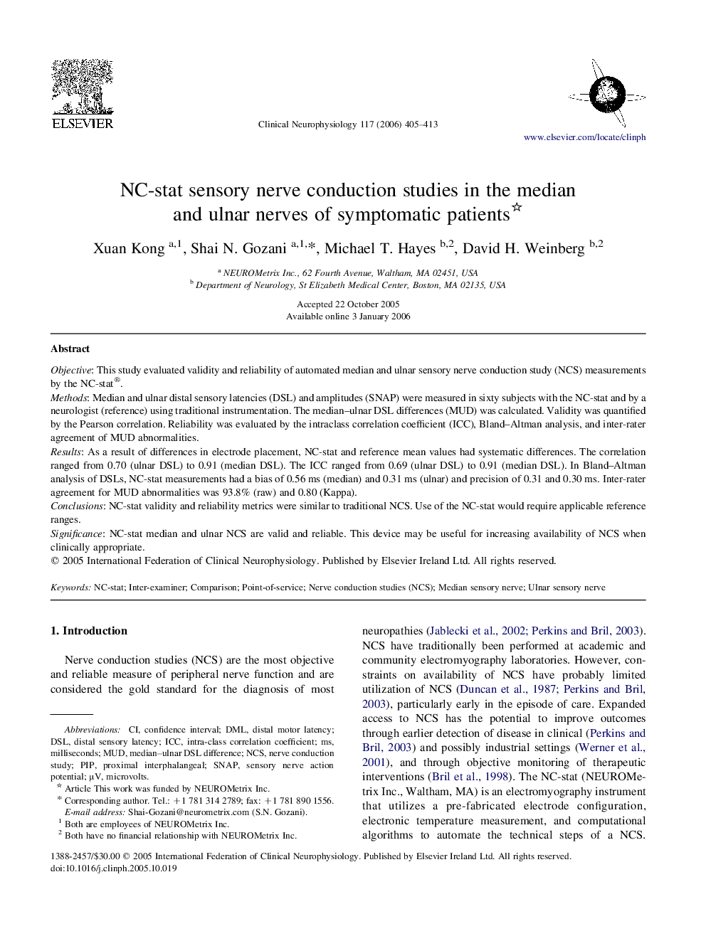 NC-stat sensory nerve conduction studies in the median and ulnar nerves of symptomatic patients 