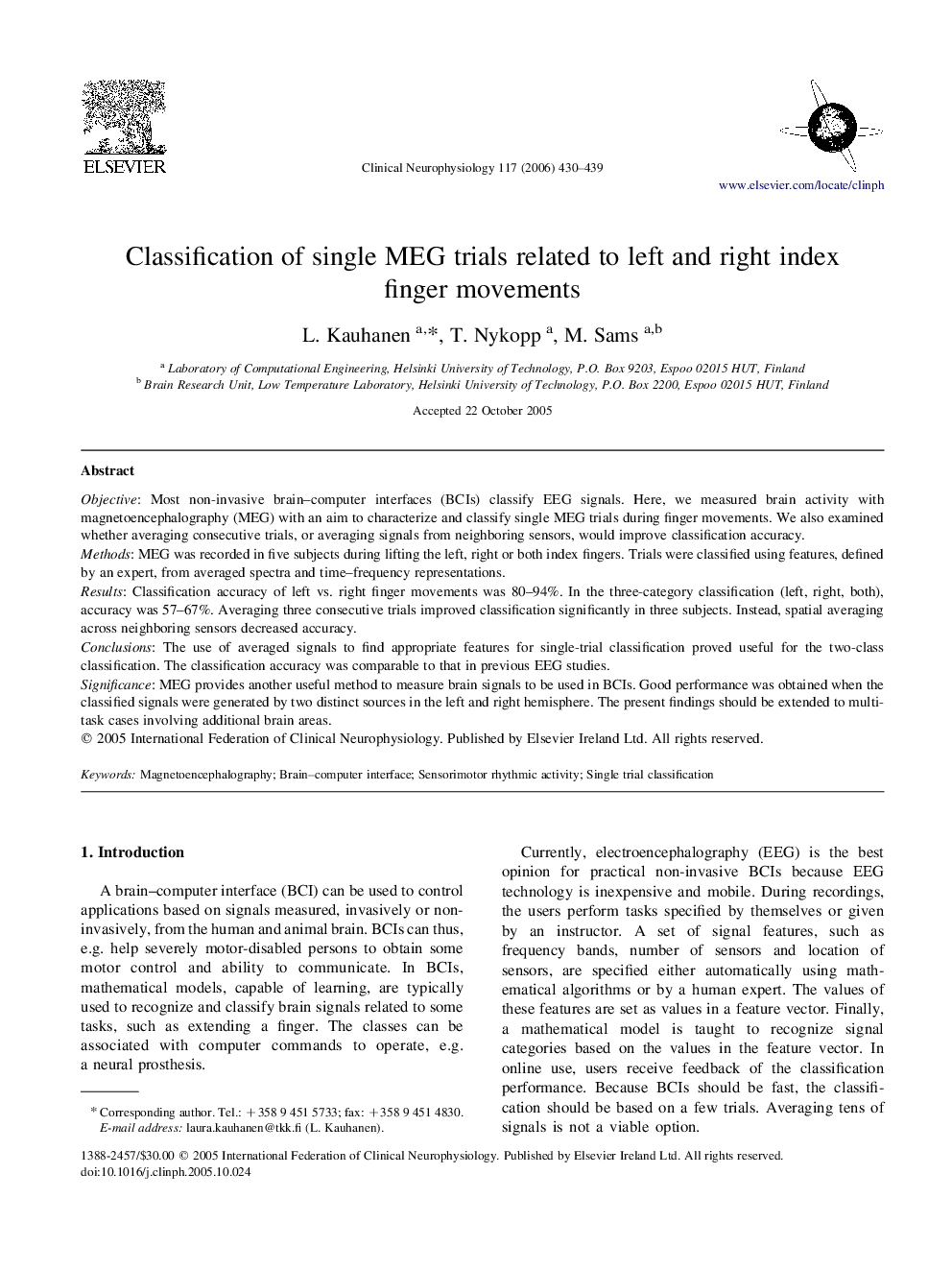 Classification of single MEG trials related to left and right index finger movements