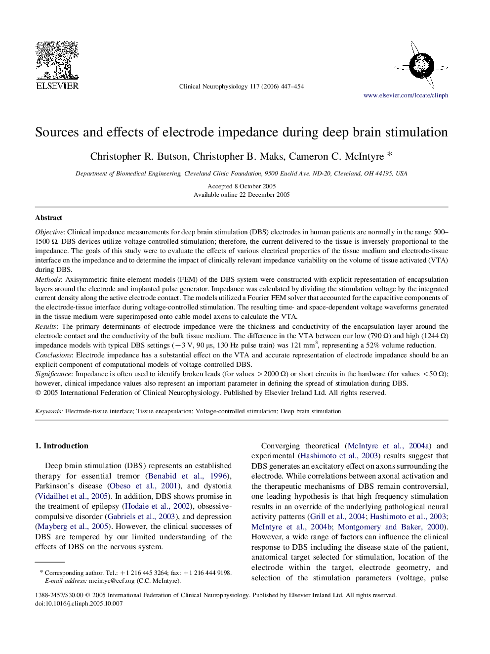 Sources and effects of electrode impedance during deep brain stimulation