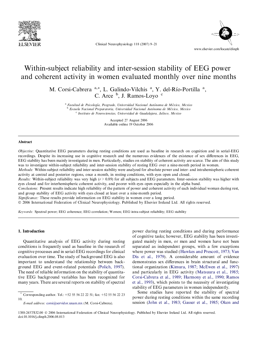 Within-subject reliability and inter-session stability of EEG power and coherent activity in women evaluated monthly over nine months