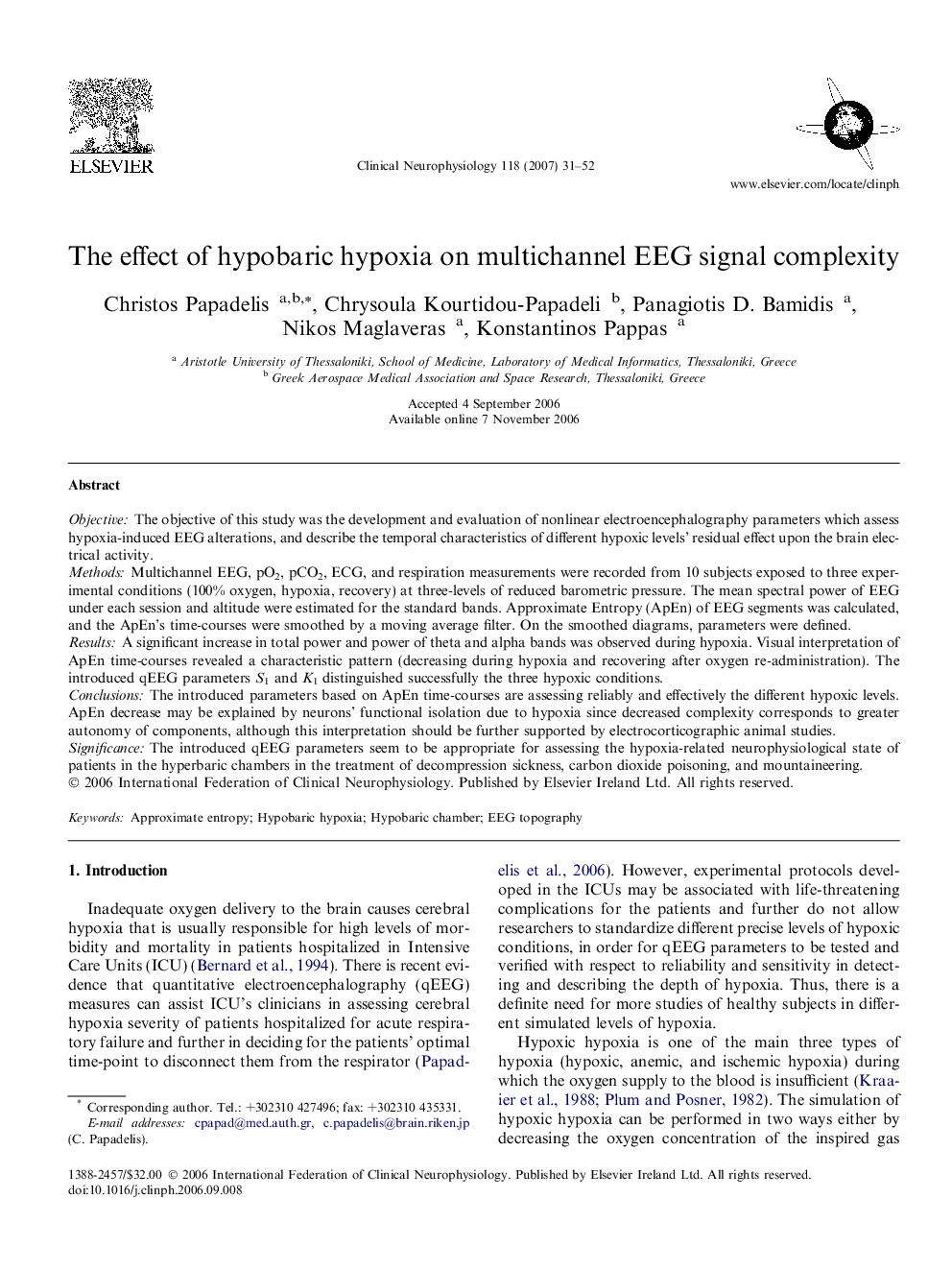 The effect of hypobaric hypoxia on multichannel EEG signal complexity