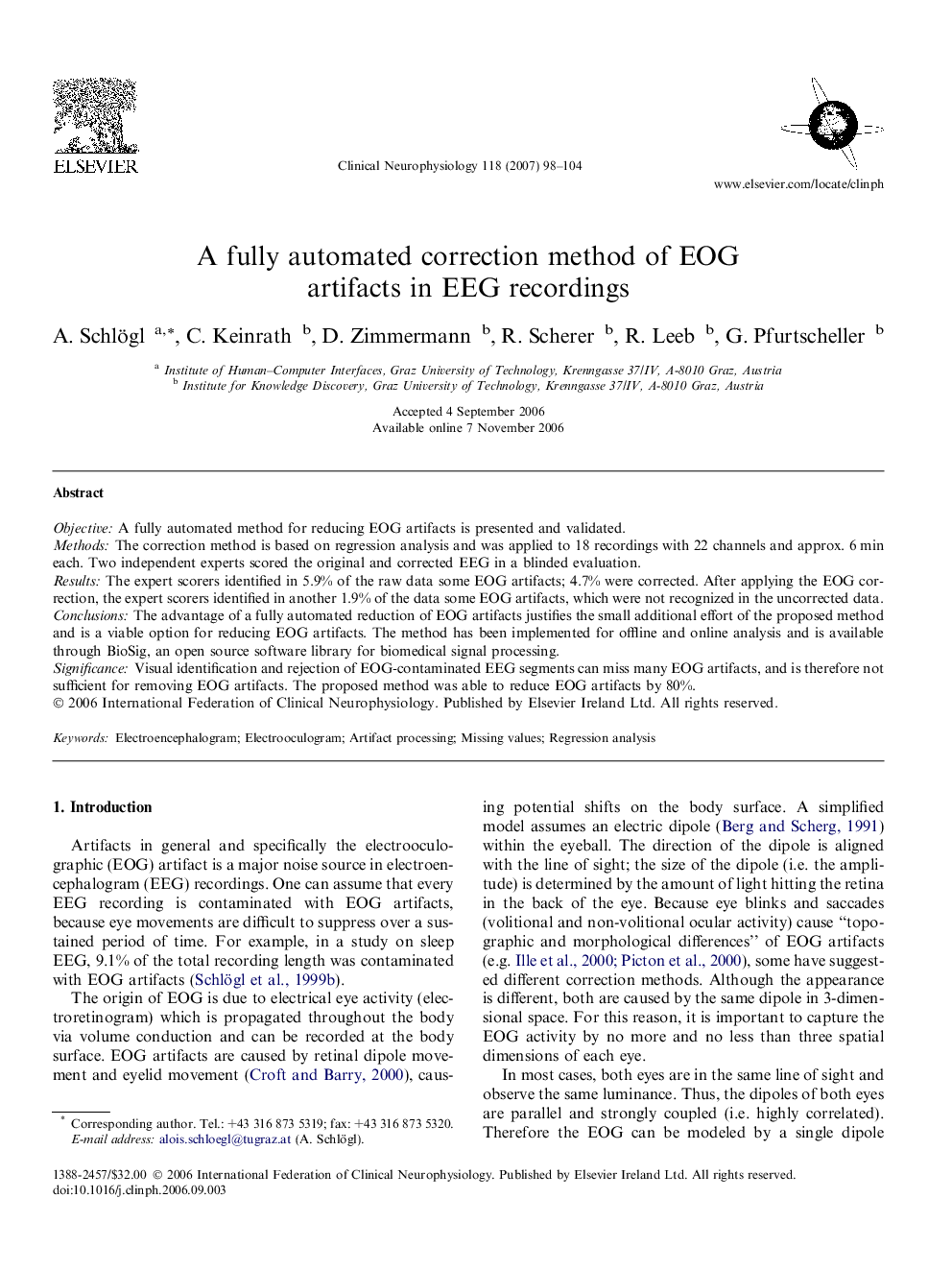 A fully automated correction method of EOG artifacts in EEG recordings