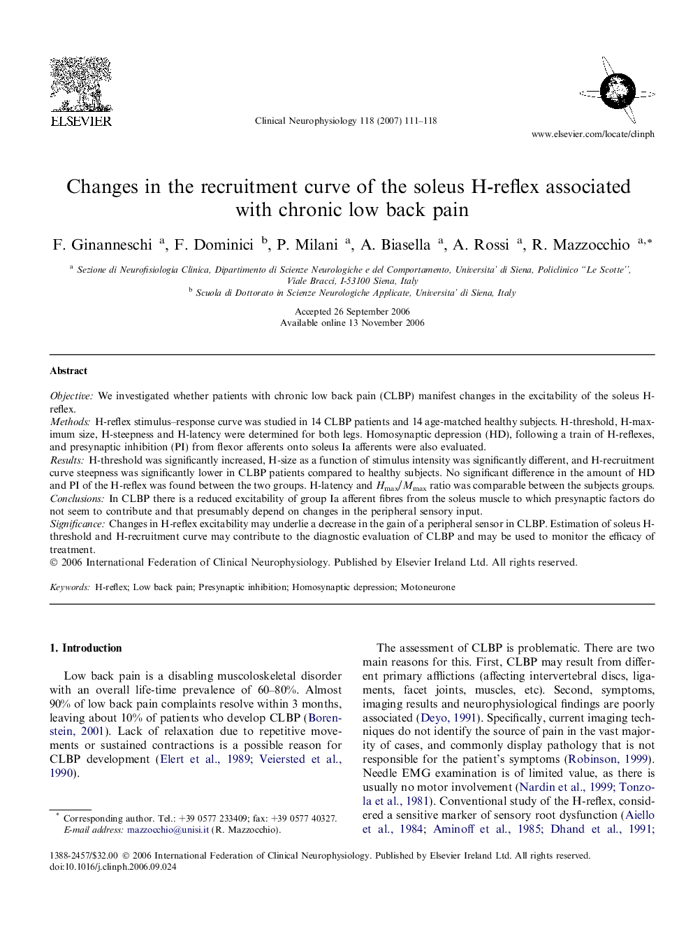 Changes in the recruitment curve of the soleus H-reflex associated with chronic low back pain